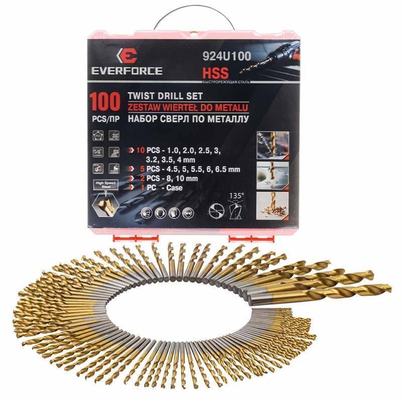 Сверла по металлу, набор 100пр. 1-10мм  EVERFORCE EF-924U100