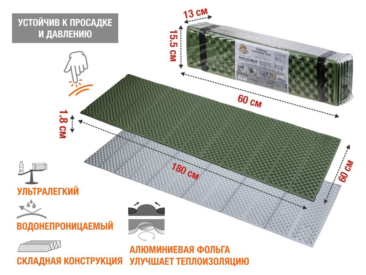 Коврик туристический складной с фольгой, Coyote Plus (длина: 180 см, ширина: 60 см, толщина: 1,8 см) ARIZONE 28-180602