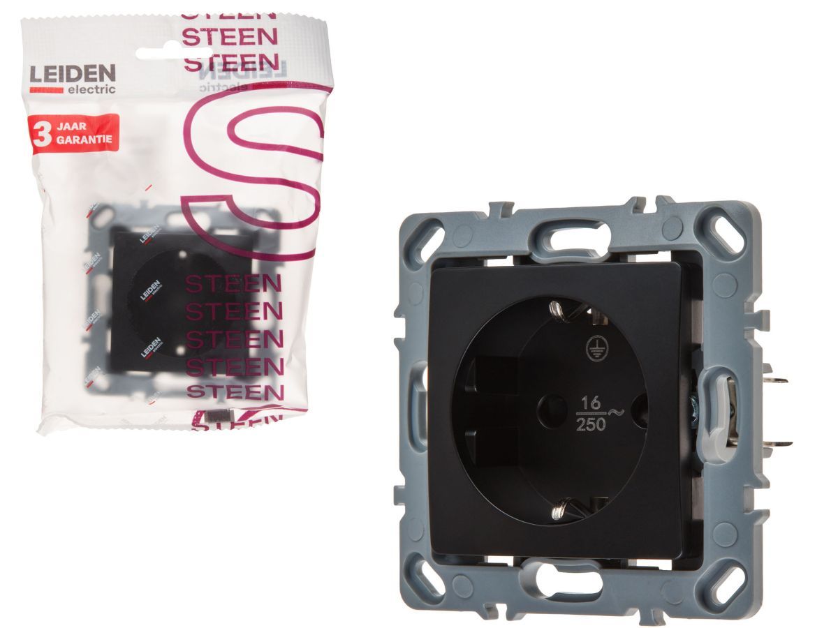 Розетка 1-ая (скрытая, механизм, шторки, с/з) черная, Steen LEIDEN ELECTRIC 806068