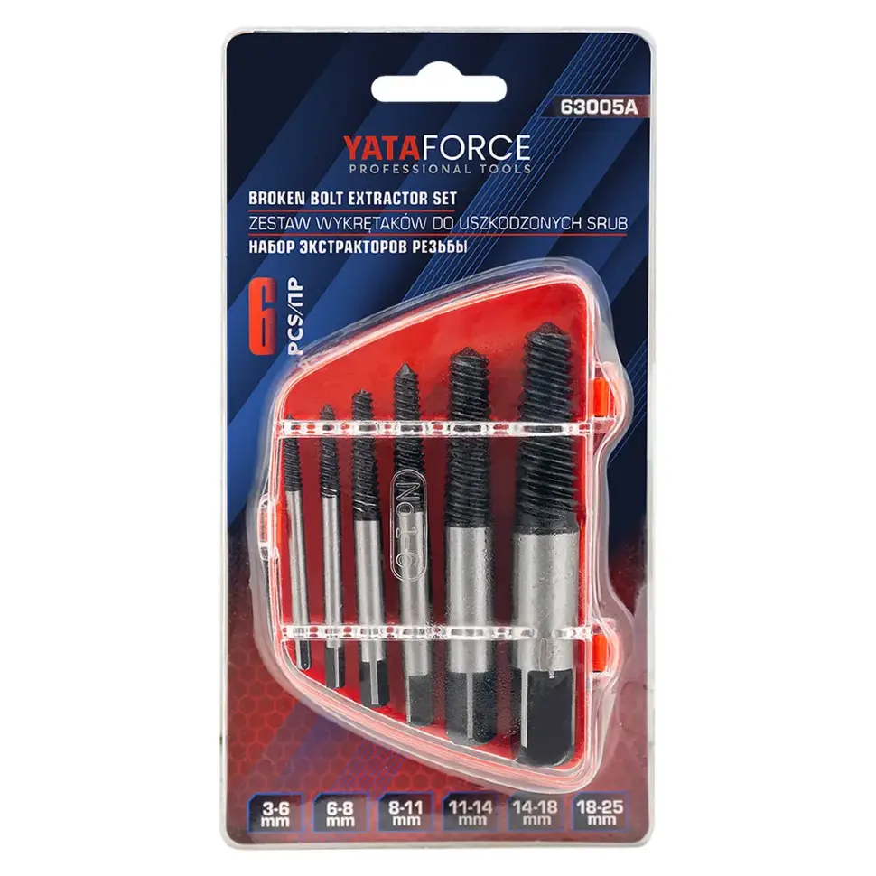 Набор экстракторов резьбы,6пр.(М3-М25, Ø:3-6мм, 6-8мм, 8-11мм, 11-14мм, 14-18мм, 18-25мм, ''мелкий шаг''), в пластиковом футляре YATAFORCE YF-63005A 