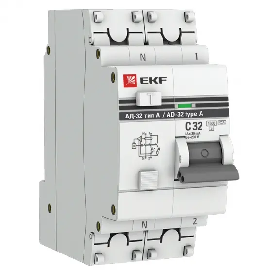 АД-32 1P+N 32А (С) 30мА тип (А) эл. 4,5кА PROxima EKF DA32-32-30-a-pro