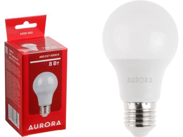 Лампа светодиодная A60 СТАНДАРТ 8Вт 230В E27 4500K  AURORA A200-002
