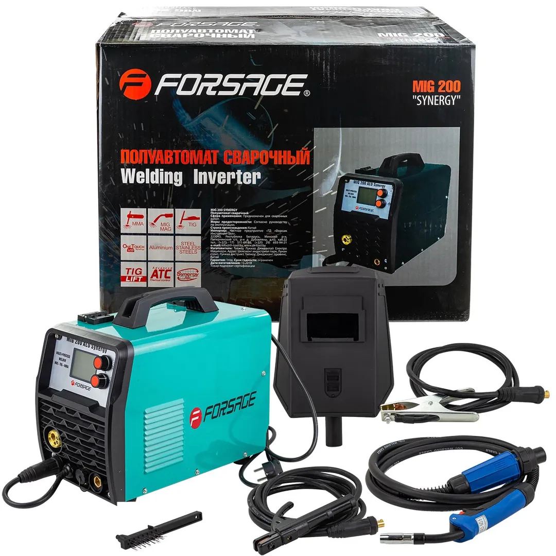 Сварочный аппарат MIG, MMA, TIG (220V, 5.8кВт,10-230А, электрод 1,6-4мм, проволока 0.8-1мм, к-т мощн...Forsage F-MIG200 SYNERGY