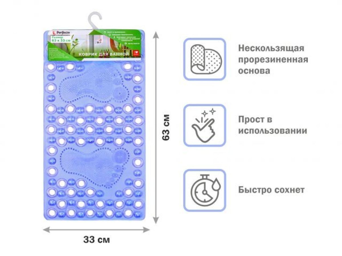 Коврик для ванной, прямоугольный, 63х33 см, синий PERFECTO LINEA 22-643603