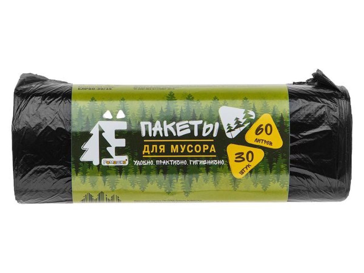 Мешки для мусора, 60 л, 30 шт, "Е-Ромашка", черные (58х68 см/ 6 мкм) РОМАШКА ЕЛР60-30/35