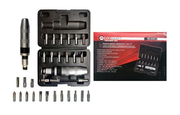 Отвертка ударная с набором бит и адаптерами, 17 пр. SL, PH, TORX, PZ, HEX  ...FORCEKRAFT FK-5171