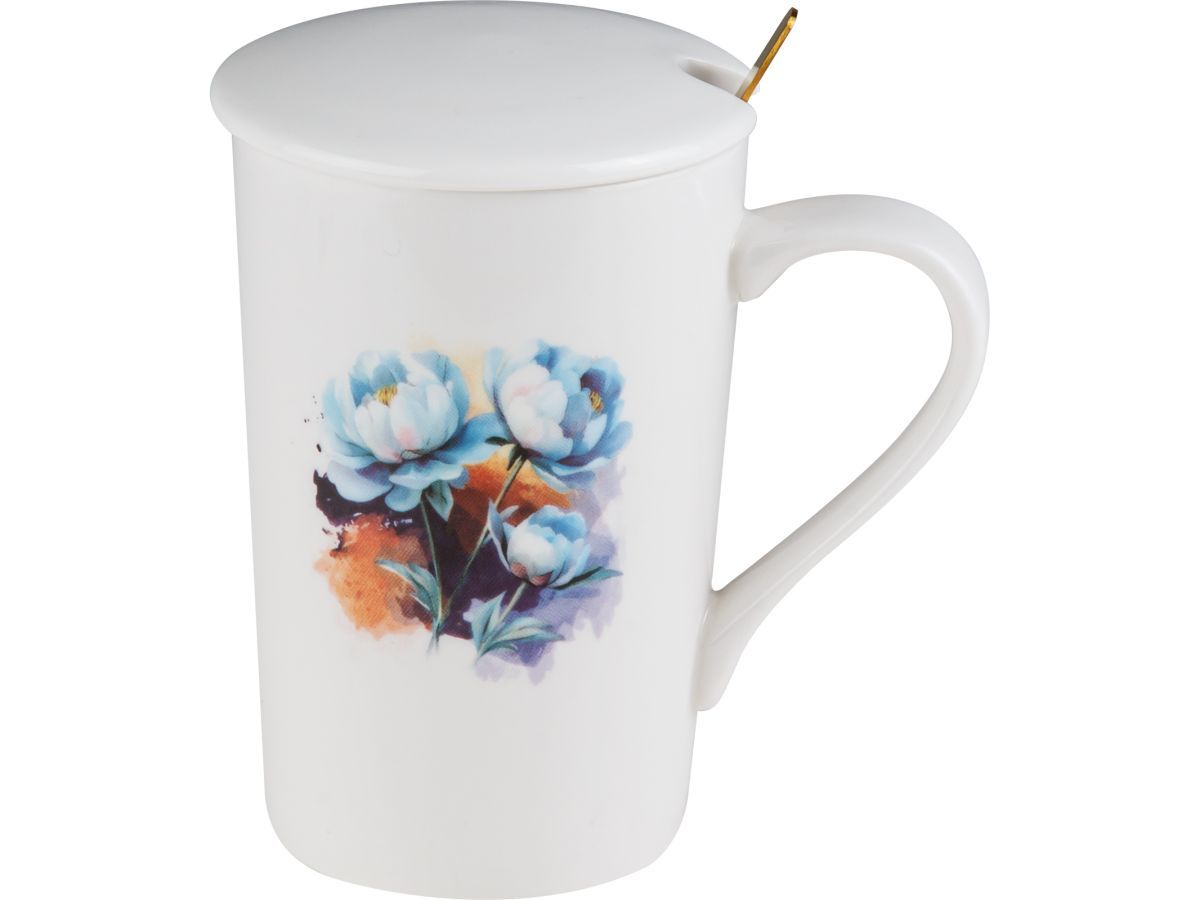Кружка керамическая с крышкой и ложкой, 350 мл., PEONY PERFECTO LINEA 17-350703