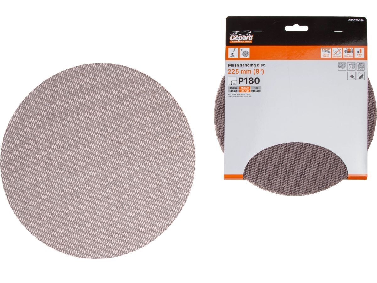 Шлифлист 225мм круг Р180 сетка, самосцепл. 5шт. (GP5021-180) GEPARD GP5021-180
