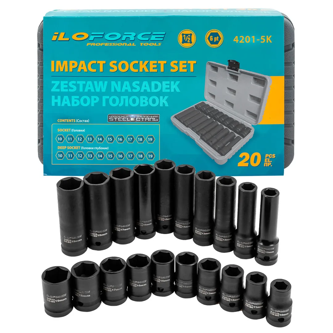 Набор головок 20пр., 1/2'', 6гр. (короткие 38мм/глубокие 78мм: 10-19мм) ILOforce IF-4201-5K