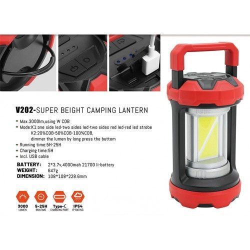 Фонарь светодиодный CAMPING 3000lm, 2*3.7V, 4000mAh, IP54, Type-C  YATO V202