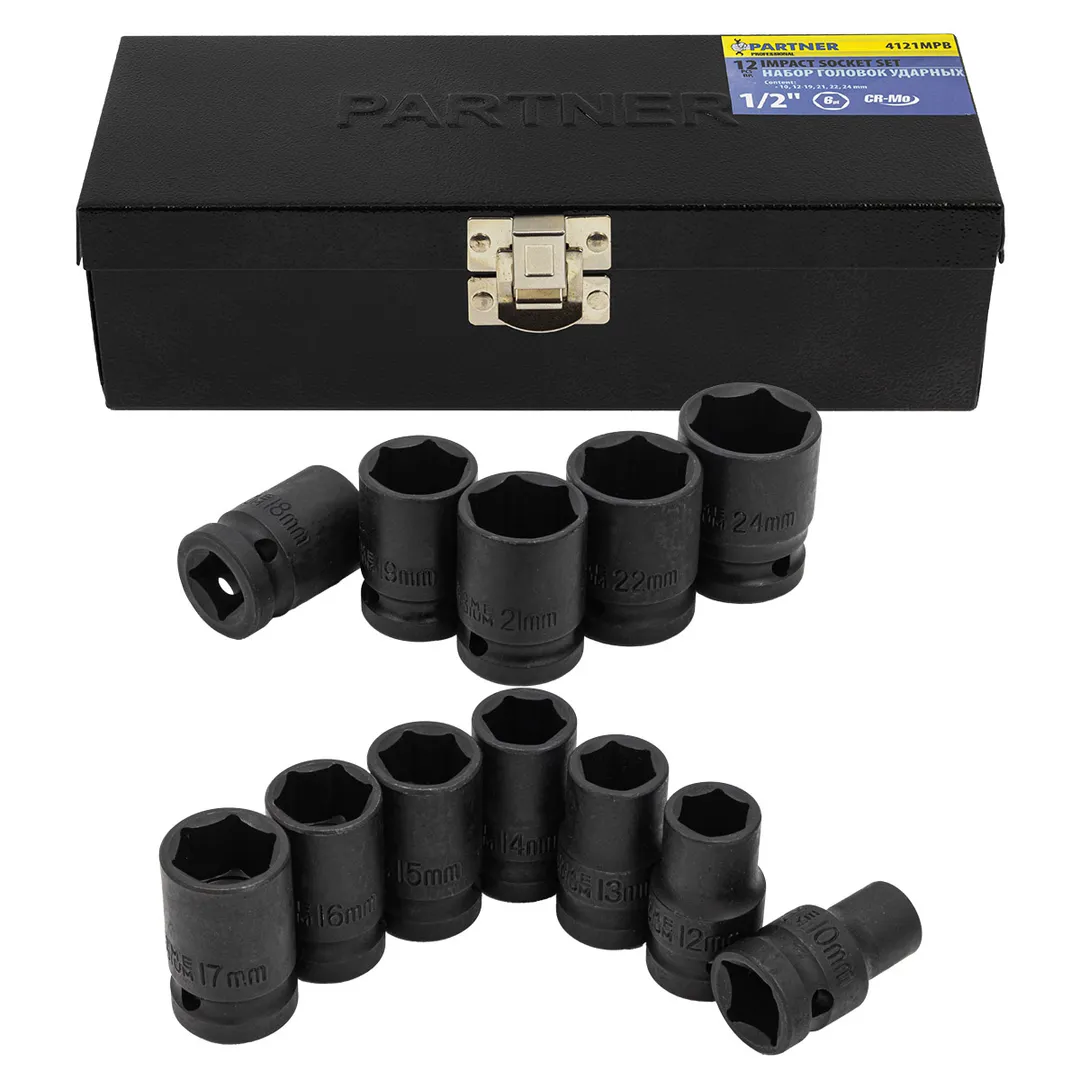 Набор головок ударных 1/2", 6гр, 12 пр. (10-24мм) Partner PA-4121MPB