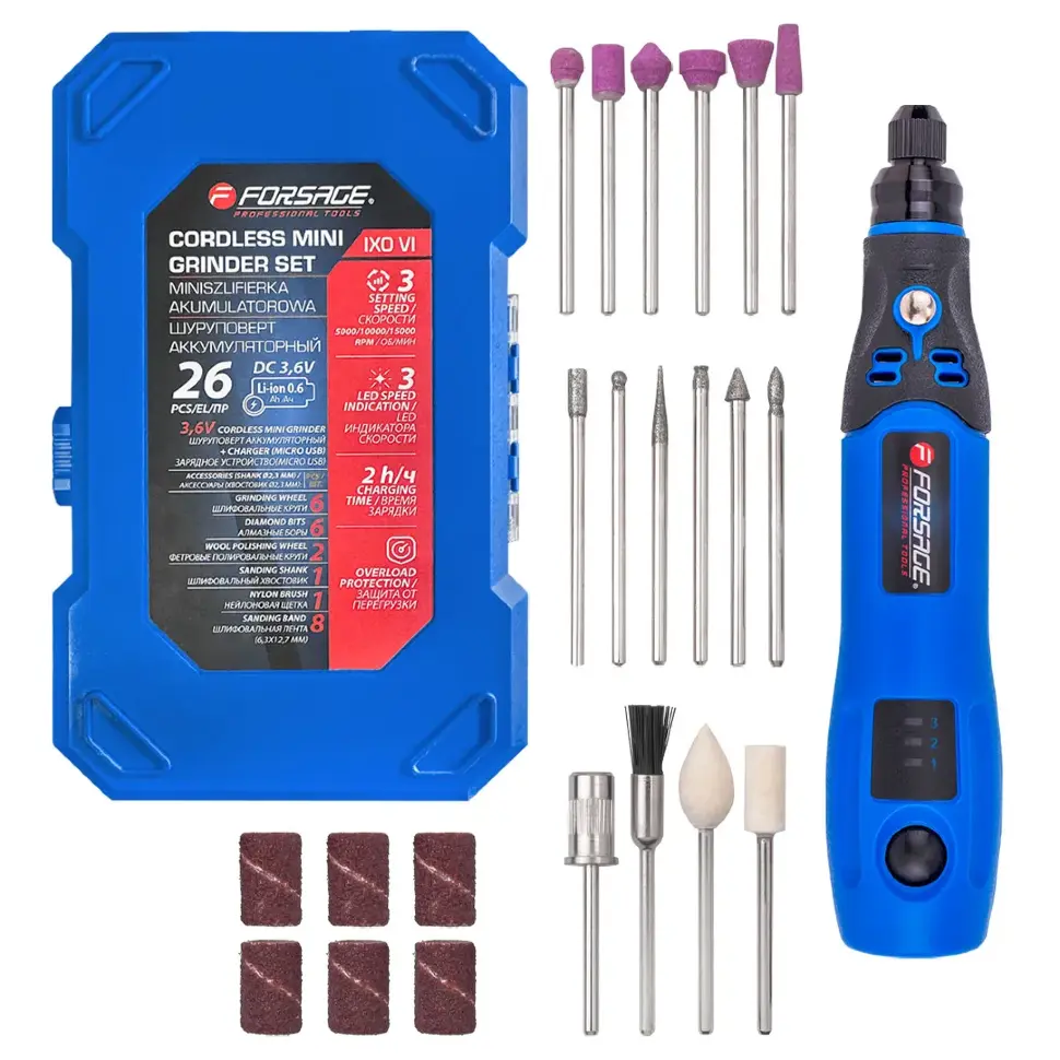 Шуруповерт аккумуляторный (3.6V, Li-ion 600Ah) в комплекте с аксессуарами, набор 26пр. Forsage F-IXO VI