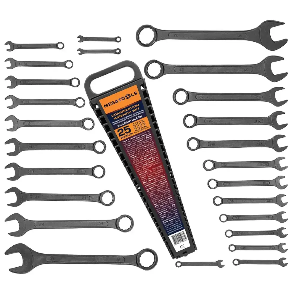 Ключи комбинированные, набор 25пр. (6-19, 21, 22, 24, 27, 30, 32мм) MEGATOOLS MT-5262MP BLACK