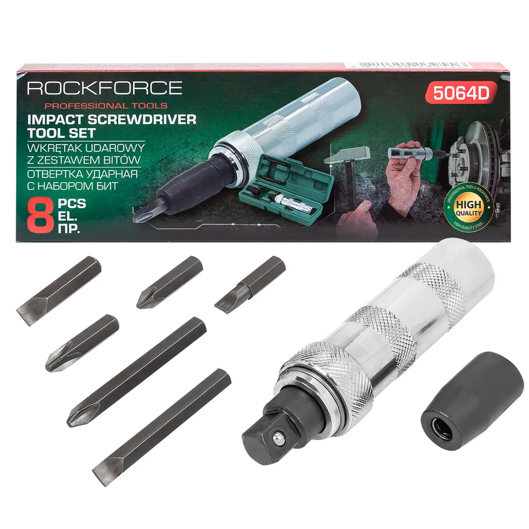 Отвертка ударная с набором бит, 8пр.  Rock FORCE RF-5064D