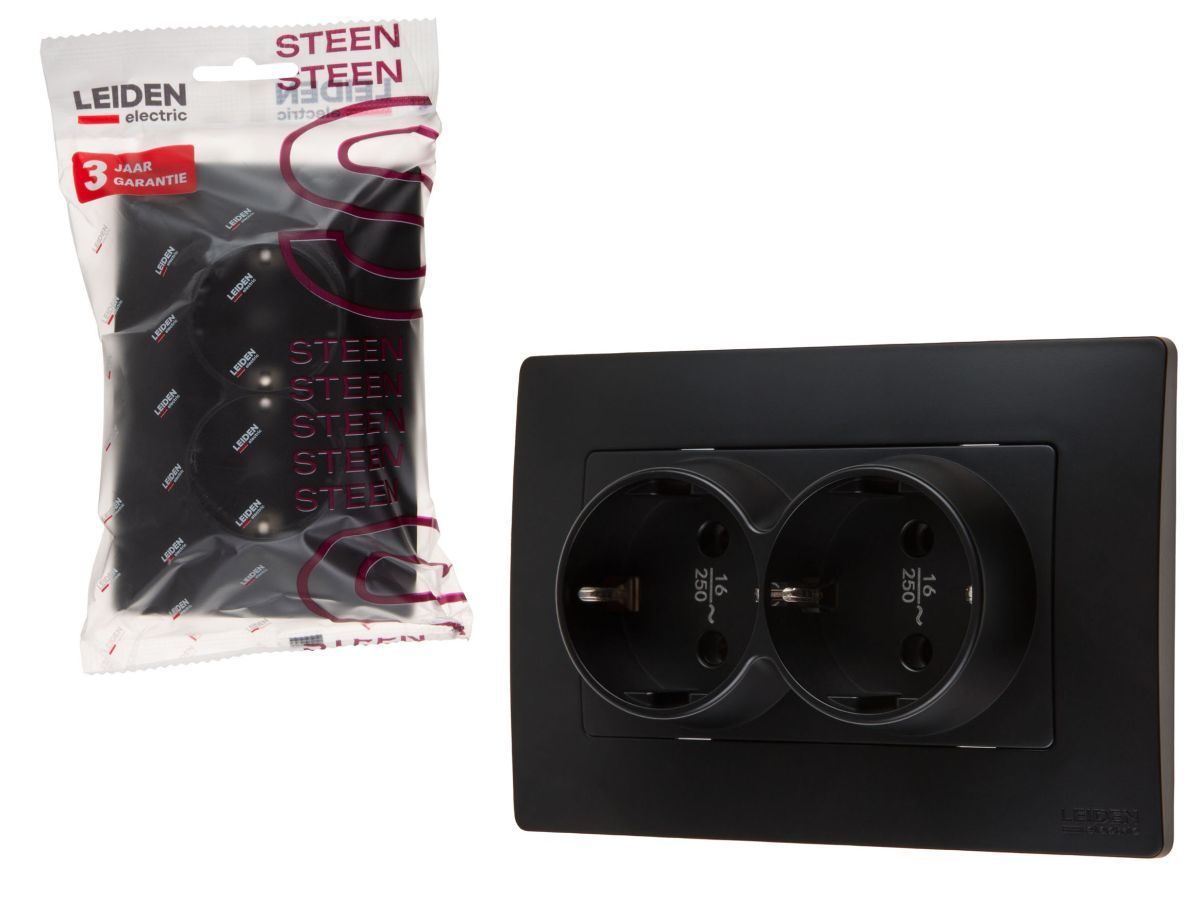 Розетка 2-ая (скрытая, с/з) черная, Steen LEIDEN ELECTRIC 806071