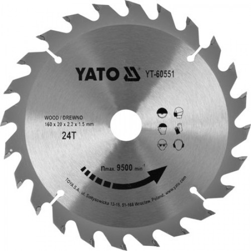 Диск пильный с напаянными зубцами из твердых сплавов 160/20 24T YATO YT-60551