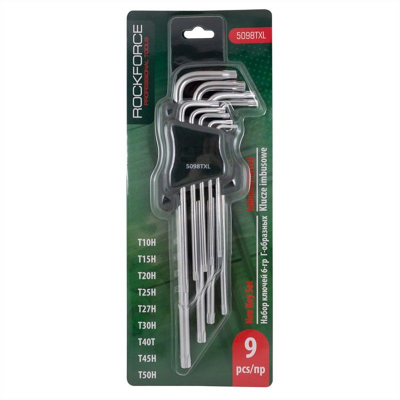 Набор ключей TORX Т10Н-Т50Н  9пр.экстра длинных с отверстием Rock FORCE RF-5098TXL