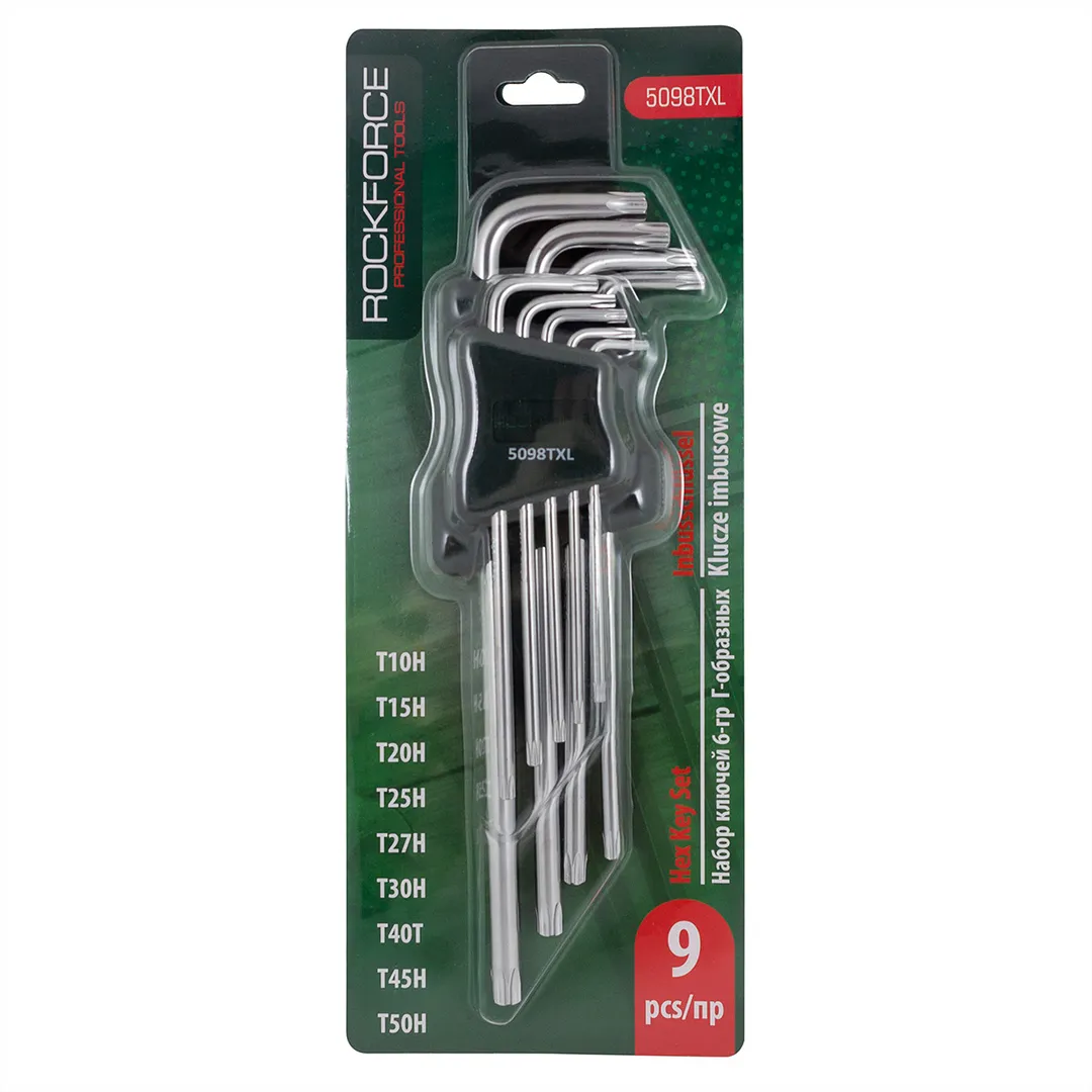 Набор ключей TORX Т10Н-Т50Н  9пр.экстра длинных с отверстием Rock FORCE RF-5098TXL