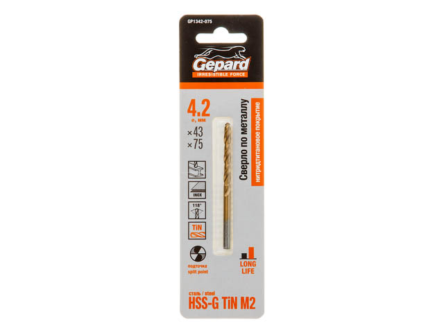 Сверло по металлу ц/x 4.2x43x75 mm HSS TIN GEPARD GP1342-075