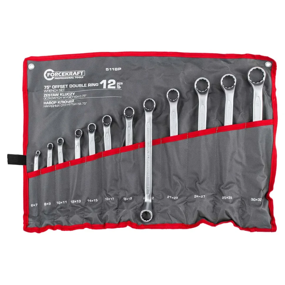 Ключи накидные отогнутые на 75град., набор 12пр. (6х7, 8х9, 10х11, 12х13, 14х15, 16х17, 18х19, 20х22...FORCEKRAFT FK-5118P