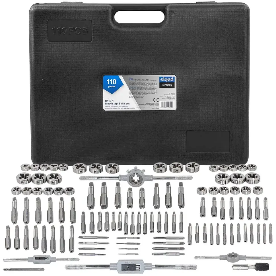 Набор метчиков и плашек110пр(2х0.4,3х0.5,4х0.7,5х0.8,6х0.75-1,8х0.75-1,25,9х0.75-1.25,10х0.75-1.5,11...Scheppach Sch-B110-1