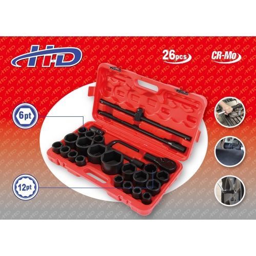 Набор инструментов ударных 26пр, 3/4" (6гр: 17-50мм, 12гр: 36мм) 1" (6гр: 55, 60, 65мм) CrMo H-D HD-3401176506B