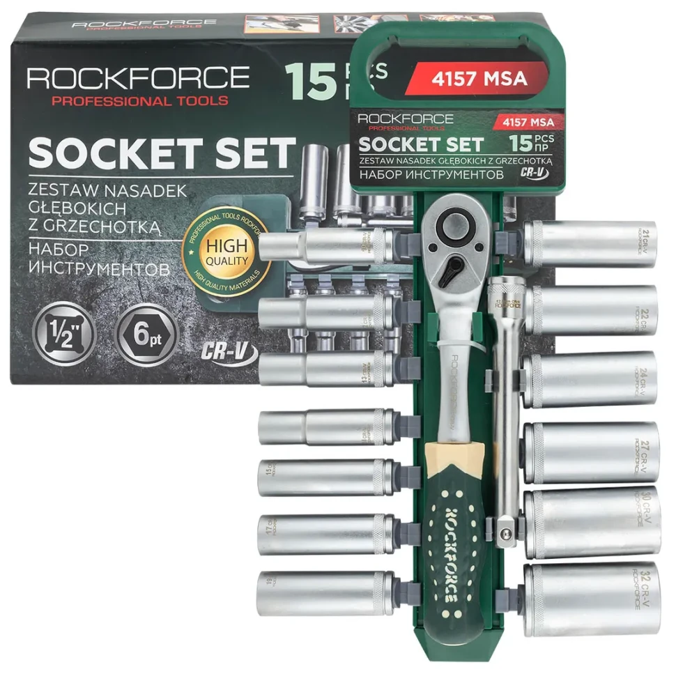 Набор инструментов, головки с ключом трещоточным и удлинителем 150мм, набор 15пр., 1/2" (6гр.) ...Rock FORCE RF-4157 MSA