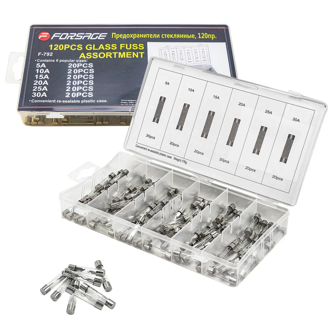 Предохранители стеклянные, 120пр. (5А, 10А, 15А, 20А, 25А, 30А)  Forsage F-792