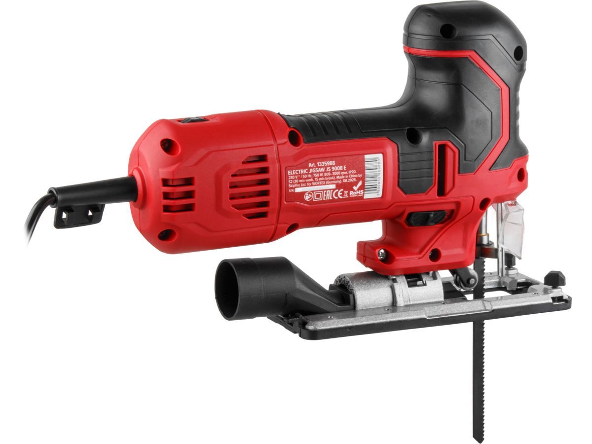 Лобзик электрический JS 9008 E в кор. 750 Вт, 800-3000 ход/мин, пропил до 90 мм, грибов. рук. (грибов. рукоятка, литая подошва, маятн. ход, подсветка, сдув опилок, 22 мм ход, дерево/сталь/алюм.,  WORTEX 1335988