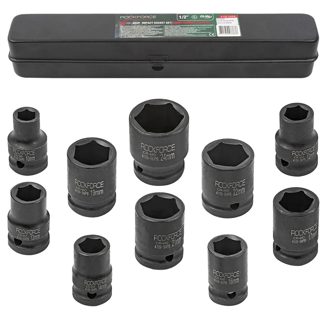 Набор головок ударный 1/2", 10пр., 6-гр (8-27мм) Rock FORCE RF-4109-5MPB