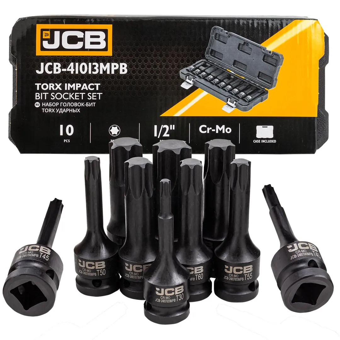 Набор головок-бит TORX ударных 10пр.,1/2''(T30, T40, T45, T50, T55, T60, T70, T80, T90, T100), в кей...JCB JCB-41013MPB