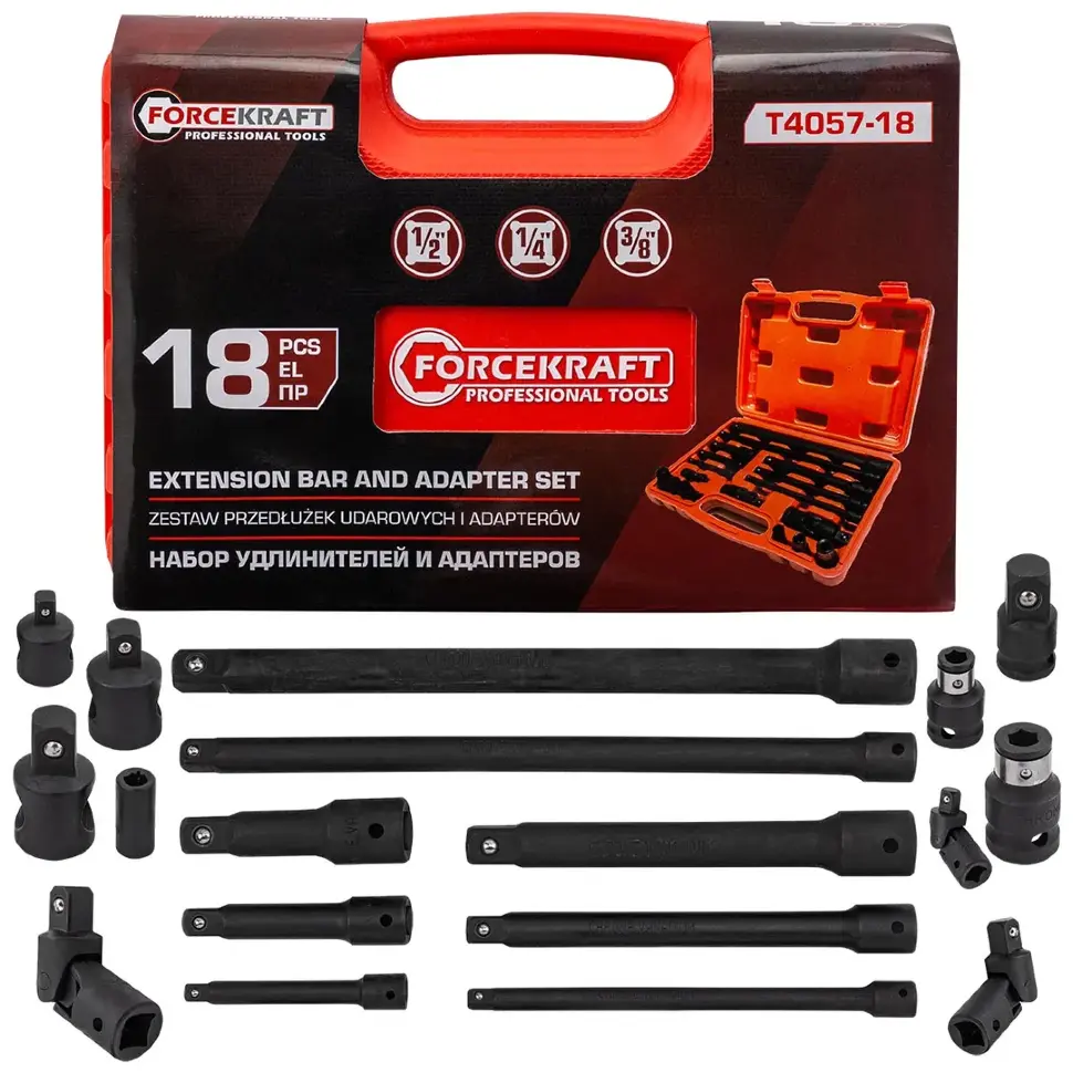Набор удлинителей и адаптеров 18пр. 1/4" 3/8" 1/2" FORCEKRAFT FK-T4057-18