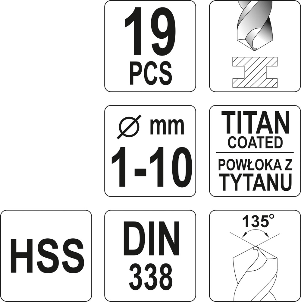 Св;рла по металлу 1-10mm HSS-TiN (набор 19пр.) YATO YT-44675