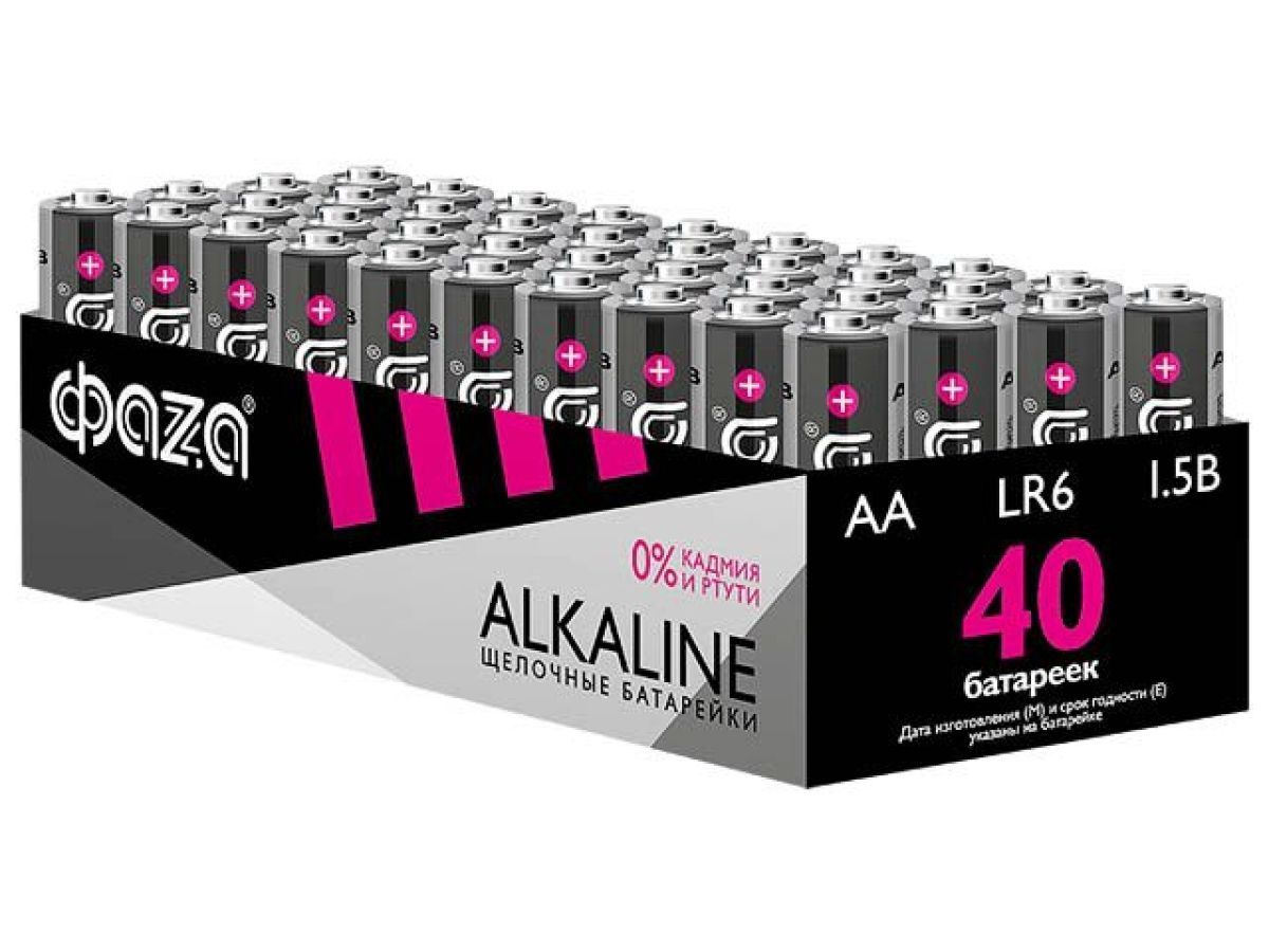 Батарейка 40шт (коробка) AA LR6 1.5V Alkaline LR6A-P40 (40 батареек в коробке (20 спаек по 2 шт)) ФАZА 5023017