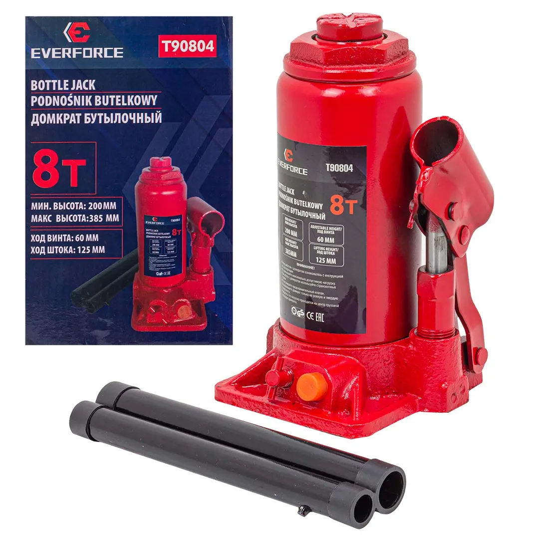 Домкрат бутылочный 8т (h min 200мм, h max 385мм) EVERFORCE EF-T90804
