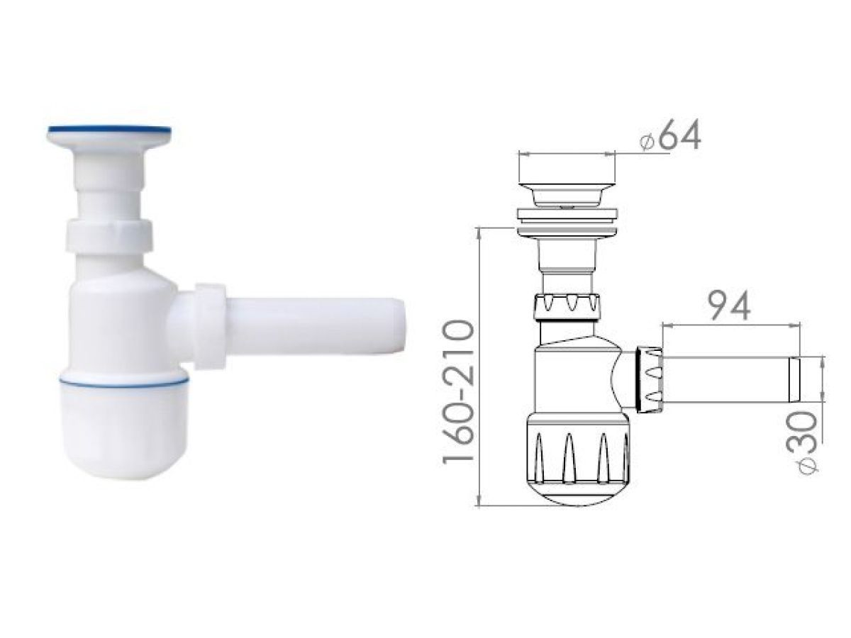 Сифон для умывальника, выпуск 64mm, с отводом 32mm AV Engineering AVE129749