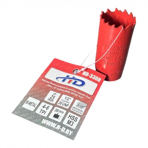 Коронка биметаллическая по металлу и дереву 25мм., L38мм., 1/2"-20UNF, HSS M3 H-D HD-3308