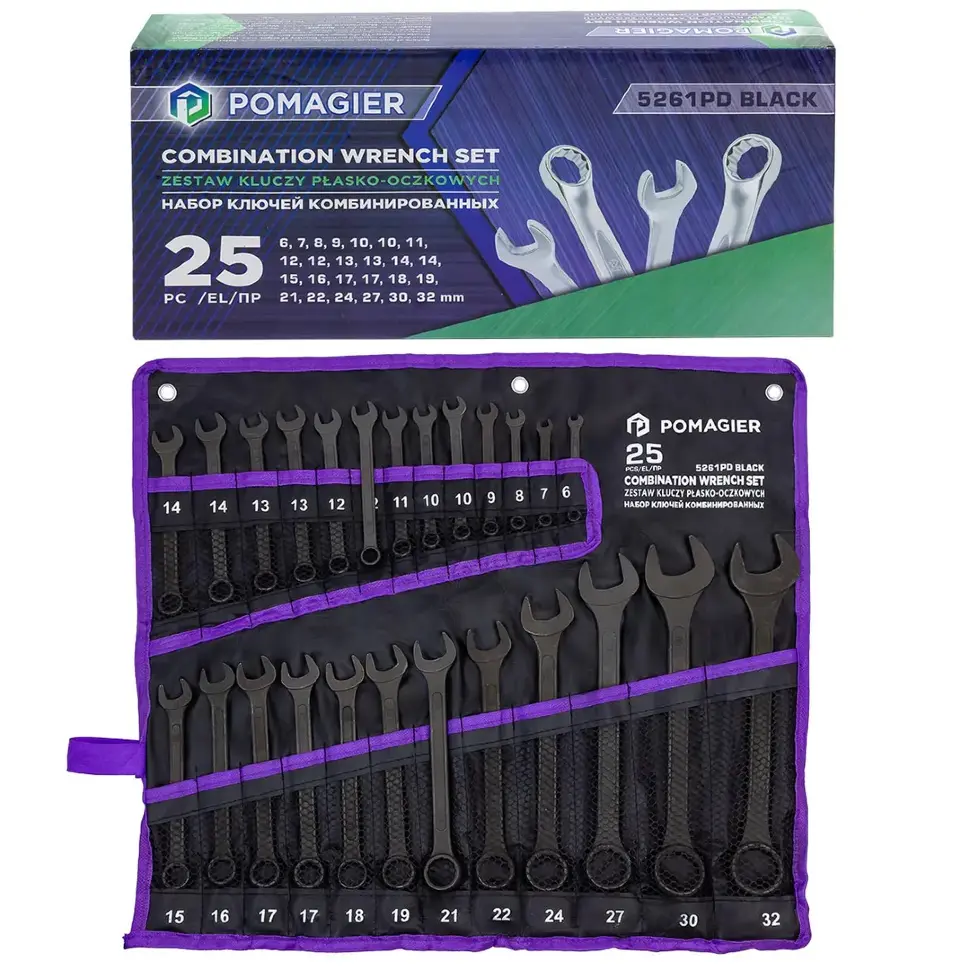 Набор ключей комбинированных 25пр. (6-9,10х2шт,11,12х2шт,13х2шт,14х2шт,15,16,17х2шт,18,19,21,22,24,27,30,32),на полотне POMAGIER POM-5261PD BLACK
