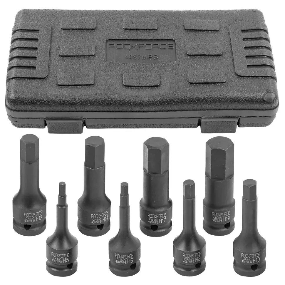 Набор головок-бит ударных 1/2", 8пр.(Н5,6,8,10,12,14,17,19) ,в кейсе Rock FORCE RF-4087MPB Набор головок-бит ударных 1/2", 8пр.(Н5,6,8,10,12,14,17,19) ,в кейсе Rock FORCE RF-4087MPB