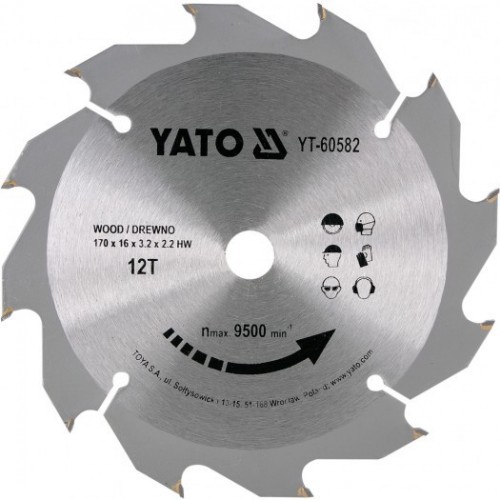 Диск пильный с напаянными зубцами из твердых сплавов 170/16 12T  ...YATO YT-60582
