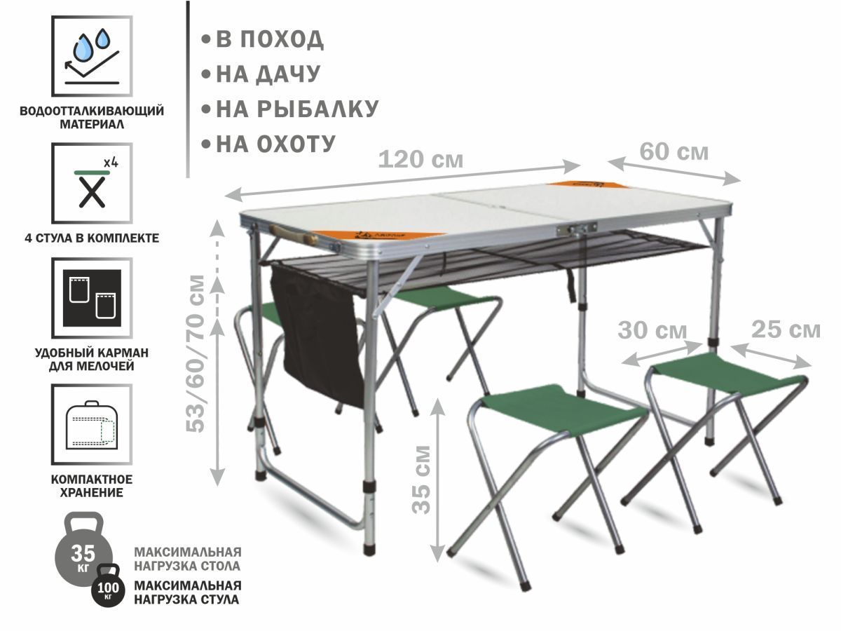 Набор складной стол влагостойкий с карманом для мелочей и 4 стула ARIZONE 42-120653