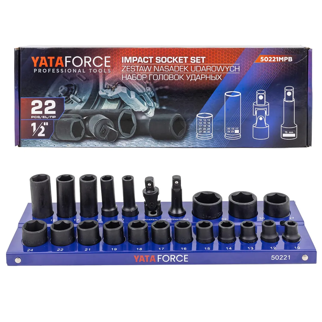 Головки ударные 1/2", набор 22 пр. 10-32 мм (6-гр.) YATAFORCE YF-50221MPB