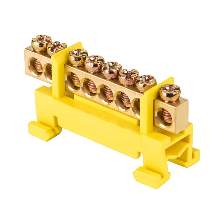 Шина "0" PE (6х9мм) 8 отверстий латунь желтый изолятор тип "Стойка" на DIN-рейку...EKF sn0-63-8-sy