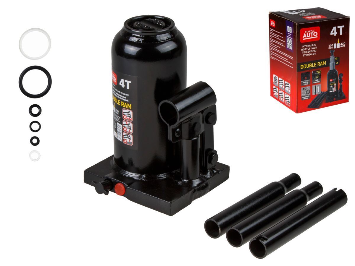 Домкрат гидравлический 4т бутылочный 170-420мм (телескопический) AUTO (ST8026-04) (h min 170мм, h max 420мм, двухштоковый) STARTUL ST8026-04