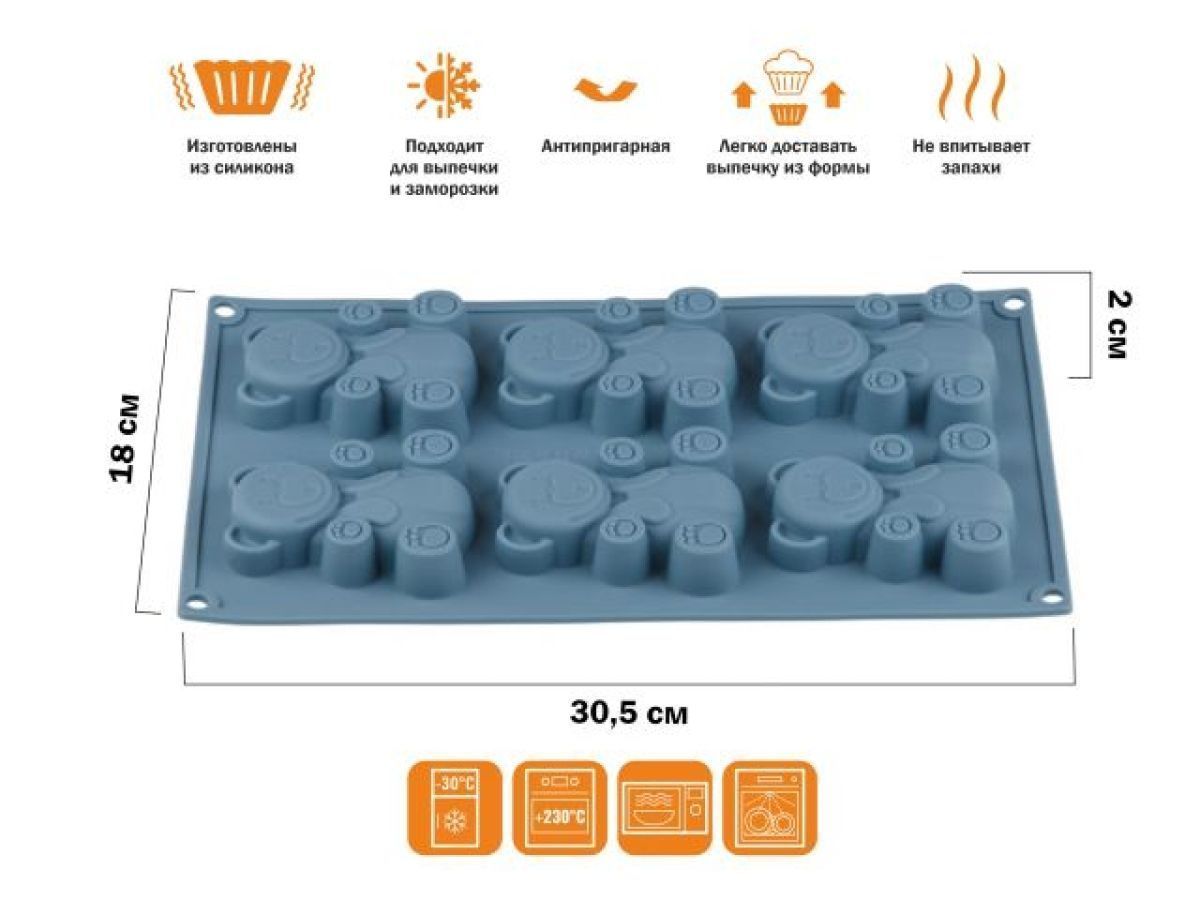Форма для выпечки, силиконовая, прямоуг. на 6 кексов, 30.5 х 18 х 2 см, BLUESTONE PERFECTO LINEA 20-104828