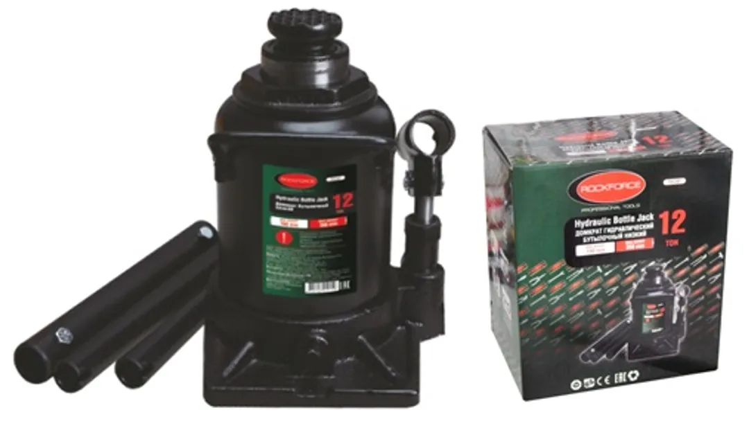 Домкрат бутылочный 12т низкопрофильный (высота подхвата - 190мм, высота подъема - 350мм, ход штока - 90мм) RockFORCE RF-T91207