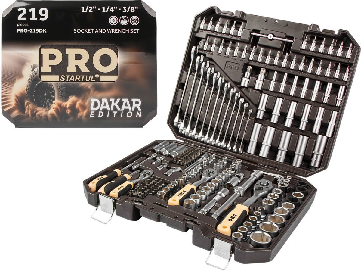 Набор головок и ключей 219пр. 1/4",3/8",1/2" DAKAR (PRO-219DK) (усоверш. 6-ти гранный профиль головок, спец. форма зева ключей, плавающие удлинители) PRO STARTUL PRO-219DK