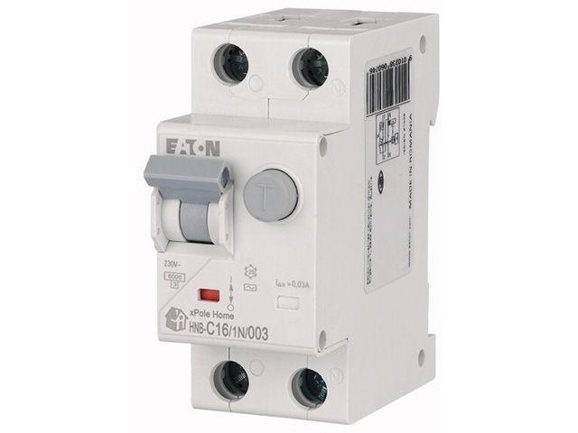 дифференциальный автоматический выключатель HNB-C16/1N/003, 1P+N, 16A, тип C, 6кA, 30мA, тип АC EATON 195127
