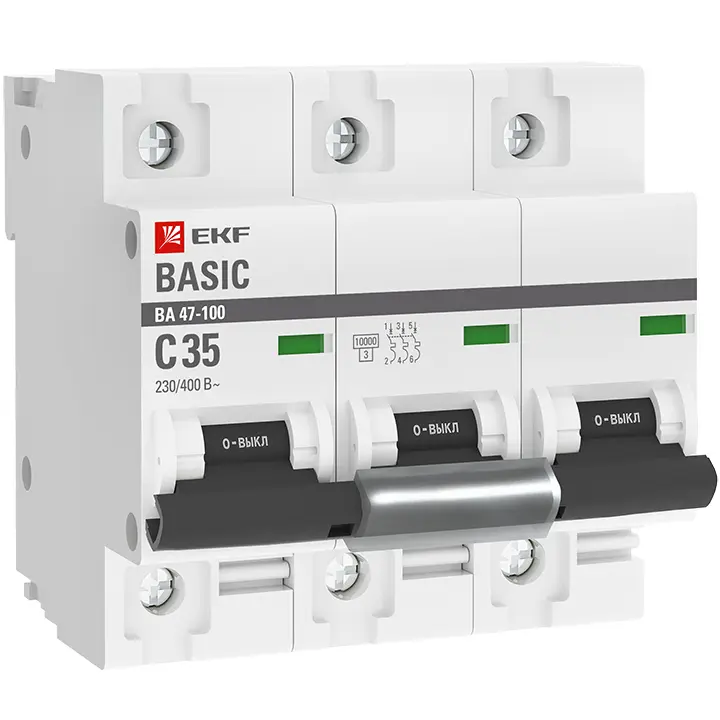 Автоматический выключатель 3P 35А (C) 10kA ВА 47-100 Basic  EKF mcb47100-3-35C-bas