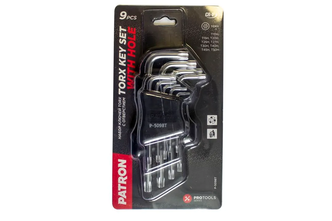 Набор ключей TORX Г-образных 9 пр. (Т10Н - Т50Н с отверстием) Patron P-5098T